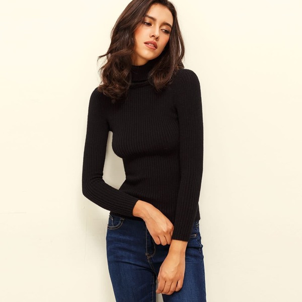 

Black Turtle Neck Long Sleeve Knitted T-shirt