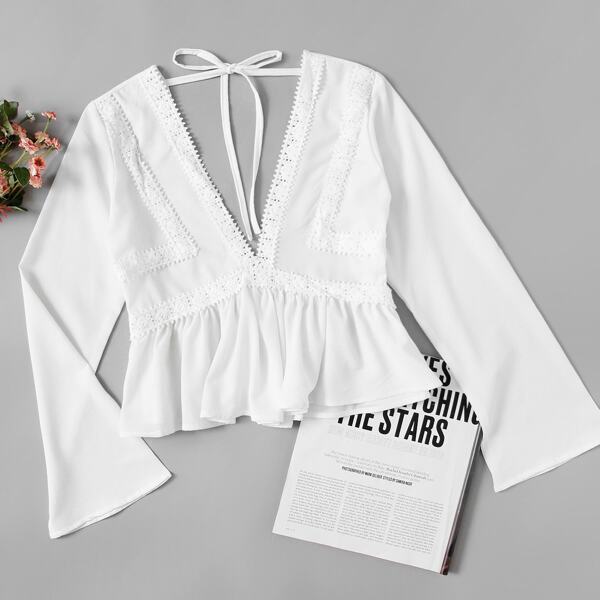 

Plunging Lace Trim Self Tie Frill Top, White