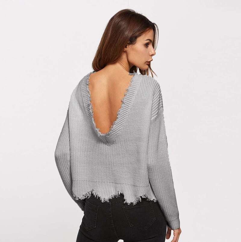 

Scoop Back Scalloped Raw Edge Jumper, Grey