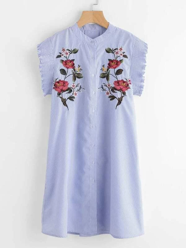 Vestido de volante de rayas verticales con bordado simétrico Las Mujeres Rayas Verticales Floral Con Volantes De Manga