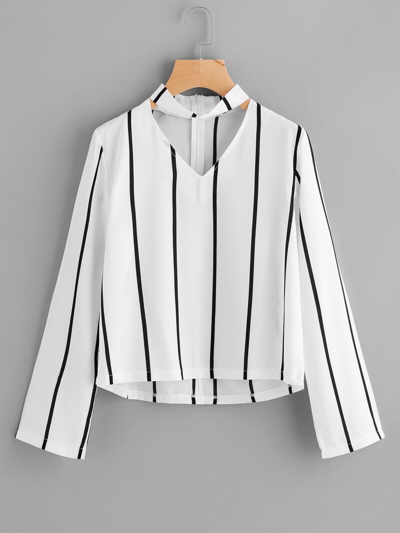 

V Cut Striped Zip Back Blouse, Black and white