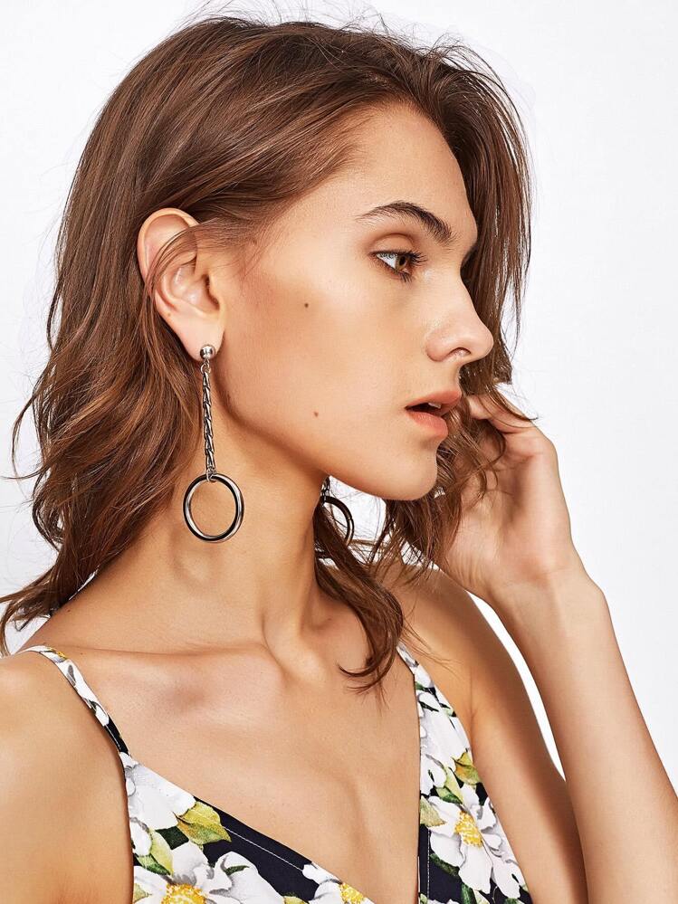 Open Ring Chain Design Drop Earrings - Silver - View 2