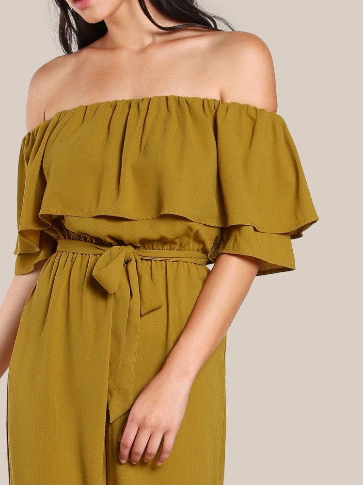 SHEIN Ruffle Off Shoulder Self Tie Culotte Jumpsuit - Mustard Yellow - View 4