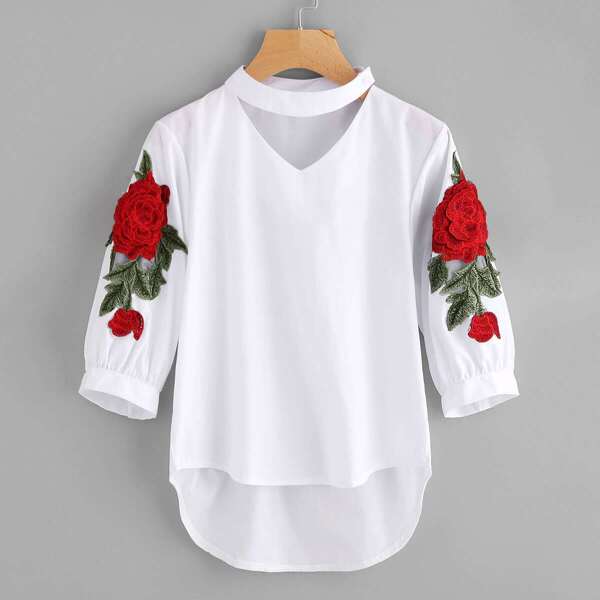 

Embroidered Appliques Choker Neck Dip Hem Blouse, White