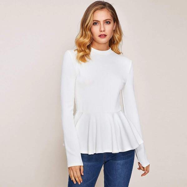 

Ribbed Knit Ruffle Hem Peplum Top, White