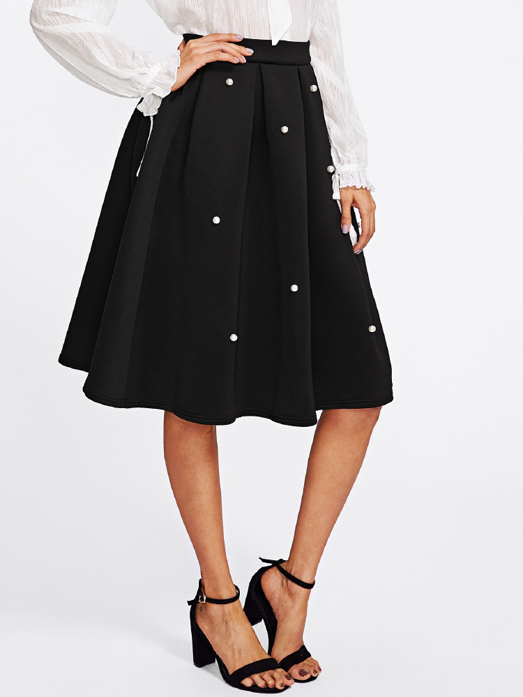 SHEIN Pearl Embellished Boxed Pleated Circle Skirt - Black - View 4