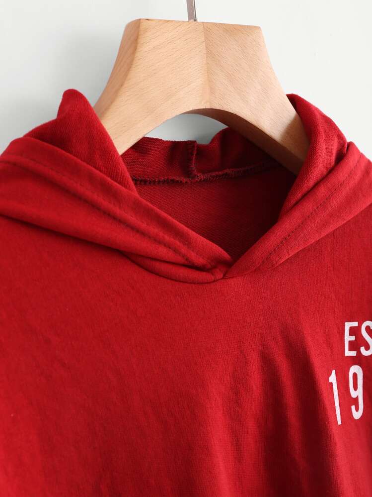 Letter Print Crop Hoodie - Red - View 2