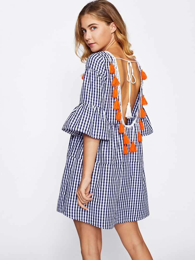 SHEIN Tassel Tied Open Back Tiered Gingham Dress - Blue - View 1
