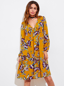 All Over Florals V-neckline Tiered Peasant Dress