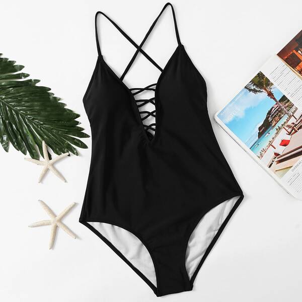 

Criss Cross Plunging One Piece Swimwear, Black