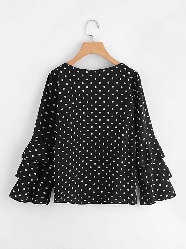 多層次荷葉邊點點上衣 - 黑色 - 查看 2