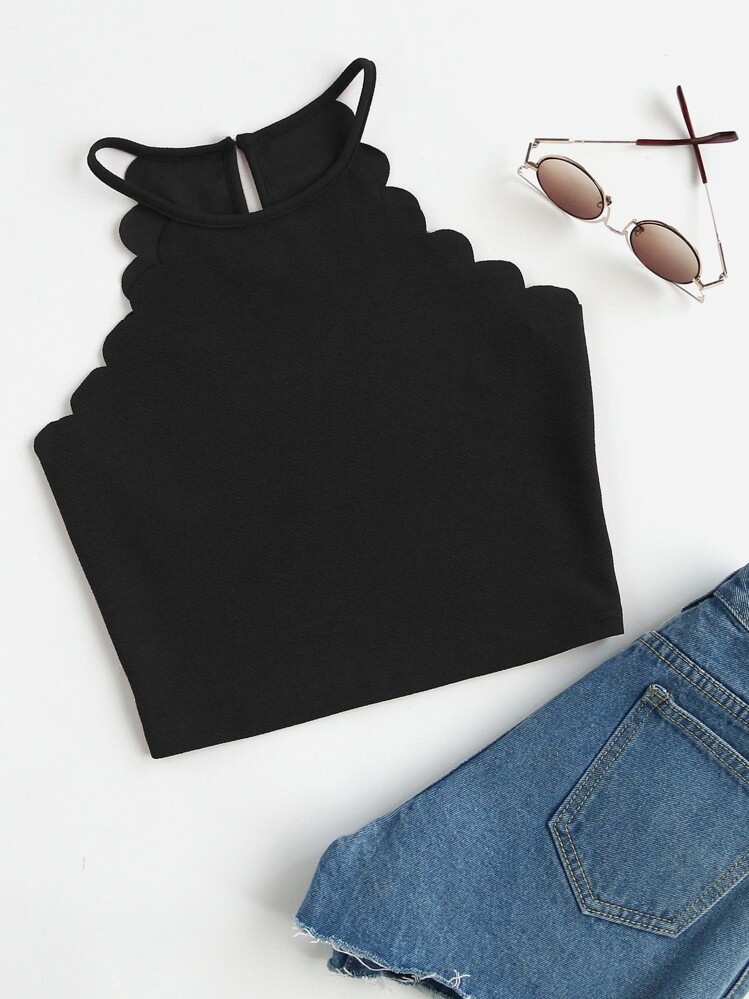 SHEIN Essnce Top corto halter con ribete festoneado - Negro - Añade 1