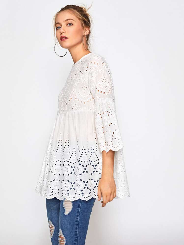 SHEIN Eyelet Embroidered Scallop Trim Smock Blouse - White - View 3