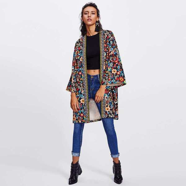 

Embroidered Tape Trim Botanical Kimono Coat, Multicolor