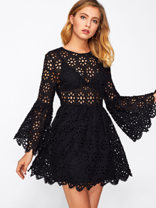 Trumpet Sleeve Hollow Out Guipure Lace Dress 