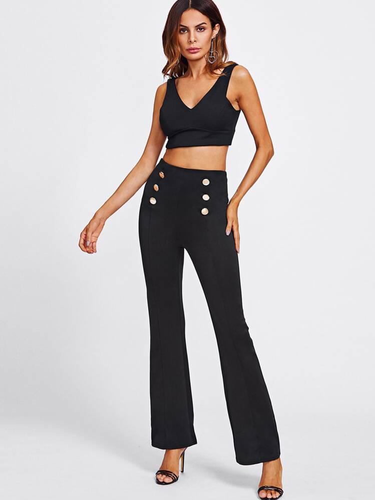 Double Breasted High Waist Pants - Black - View 2