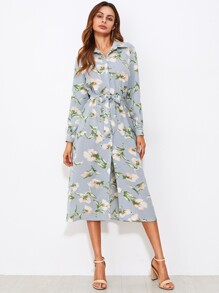All Over Botanical Print Self Tie Shirt Dress