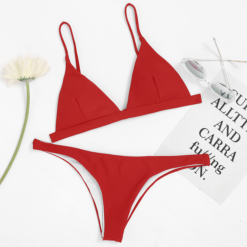 

Tie Back Triangle Top With High Leg Bikini Set, Red
