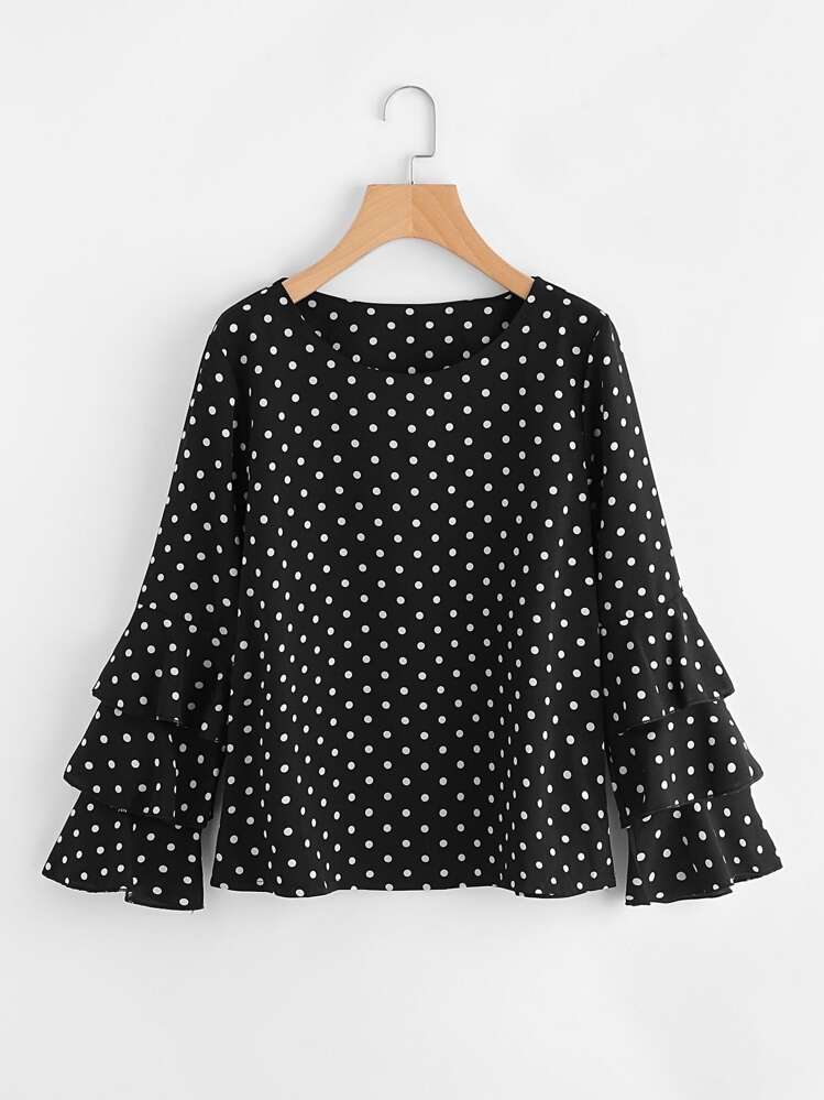 多層次荷葉邊點點上衣 - 黑色 - 查看 1