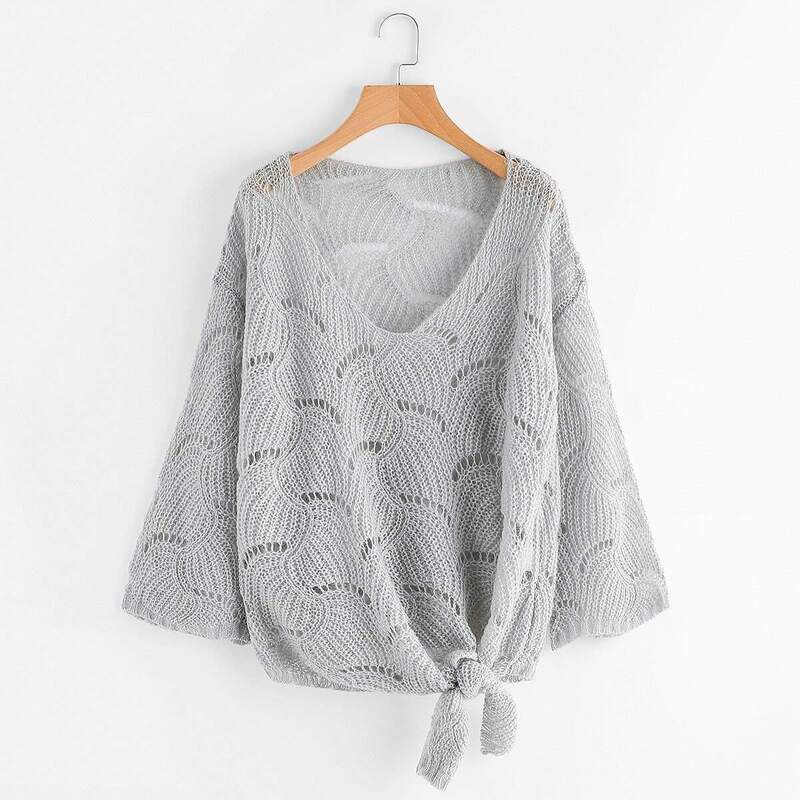 

Self Tie Front Open-Knit Sweater, Grey