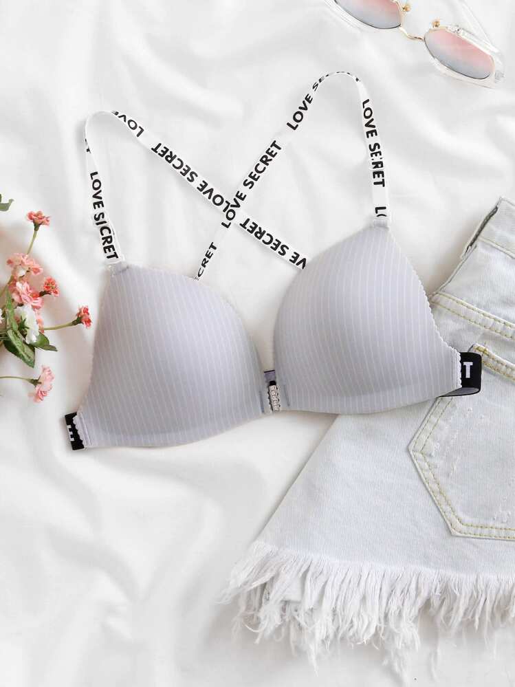 Striped Slogan Tape Bra - Light Grey - View 3