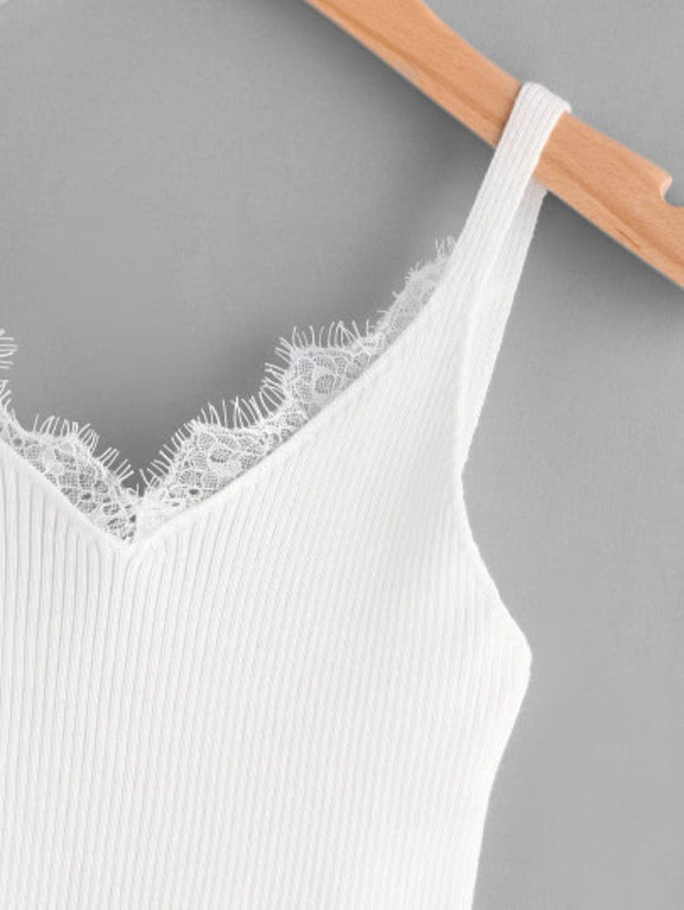 細肩帶針織蕾絲邊修身背心 - 白色 - 查看 3