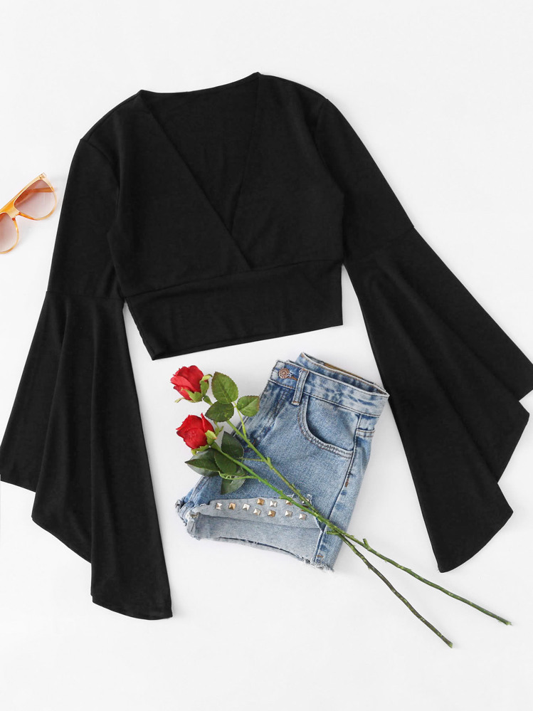 SHEIN Essnce Top corto cruzado con mangas de campana maxi - Negro - Añade 1