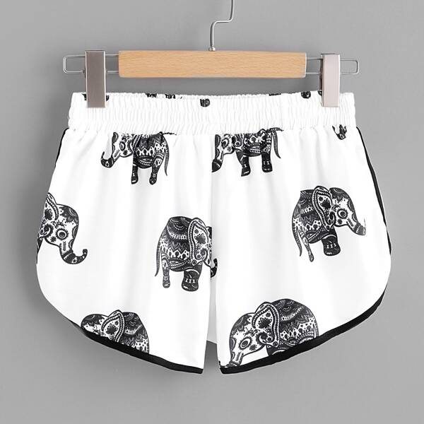 

Elephant Print Ringer Shorts, Black and white