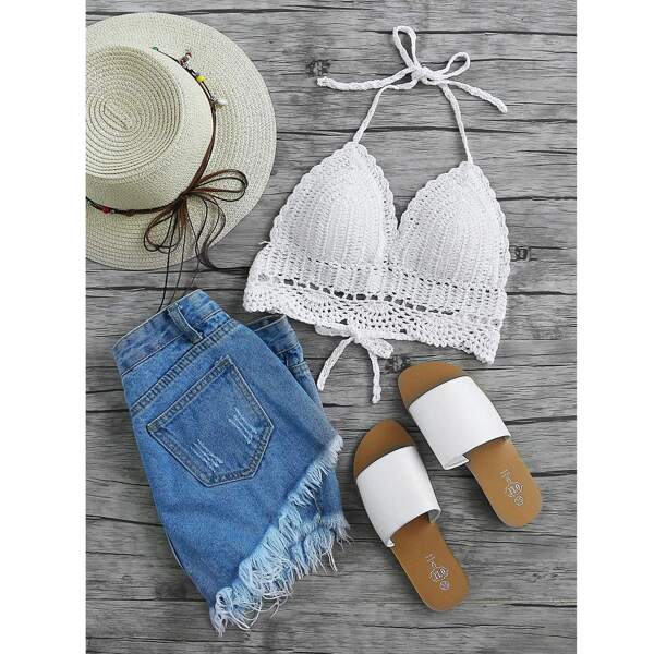

Hollow Out Crochet Halter Top, White
