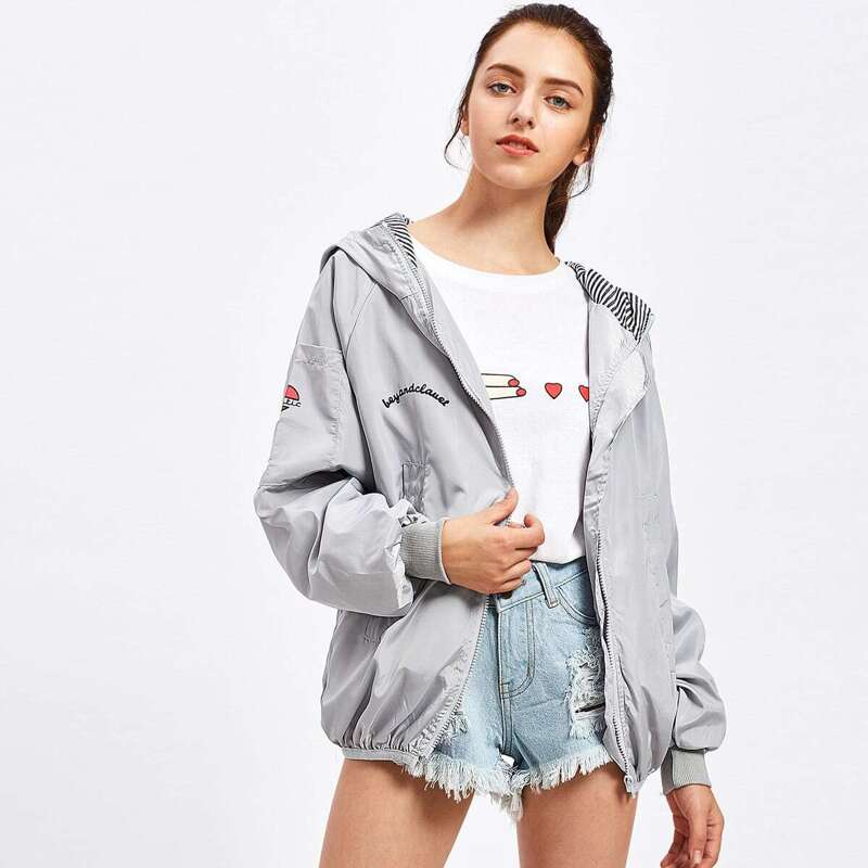 

Letter Print Hooded Zip Up Jacket, Grey