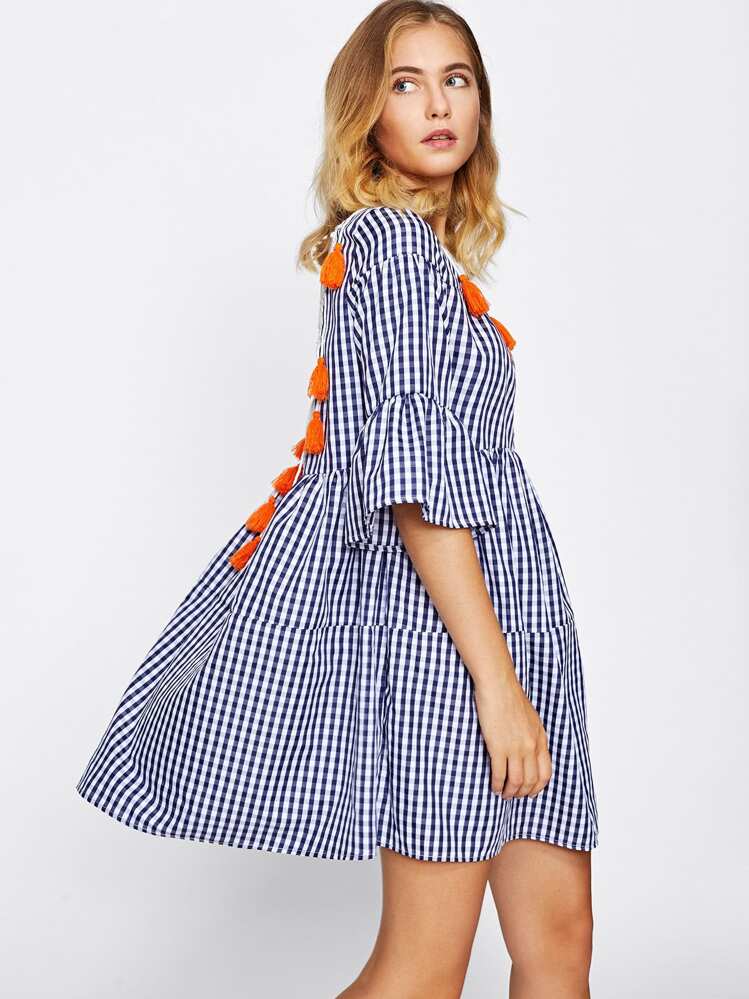 SHEIN Tassel Tied Open Back Tiered Gingham Dress - Blue - View 3