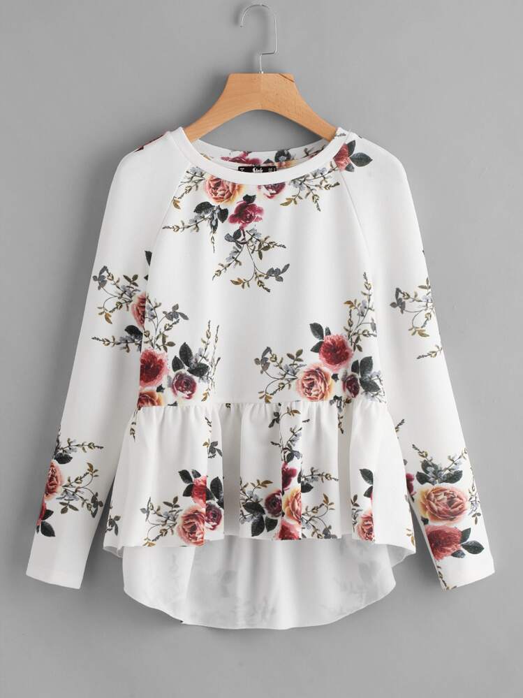 SHEIN Raglan Sleeve Ruffle Dip Hem Floral Blouse - Multicolor - View 1