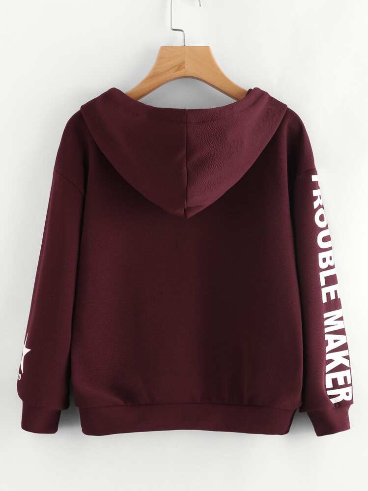Letter Print  Pocket Hoodie - Burgundy - View 2