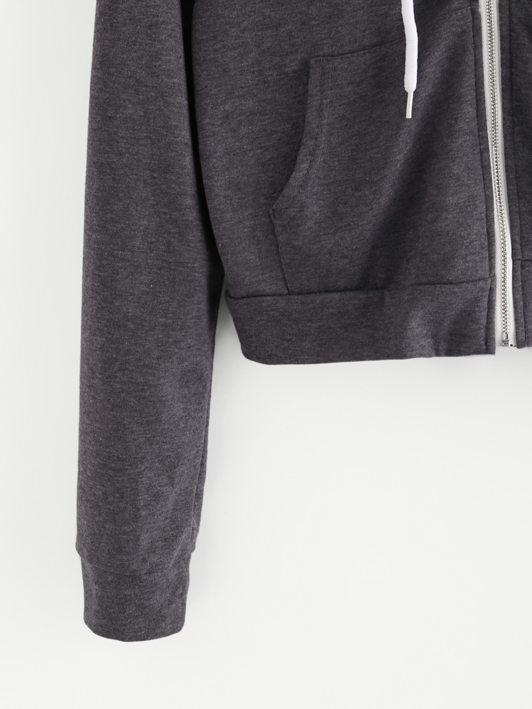 SHEIN Heathered Knit Cropped Zip-Up Hoodie - Dark Grey - View 4