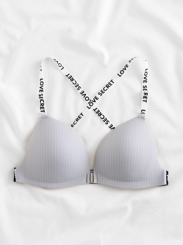 Striped Slogan Tape Bra - Light Grey - View 1