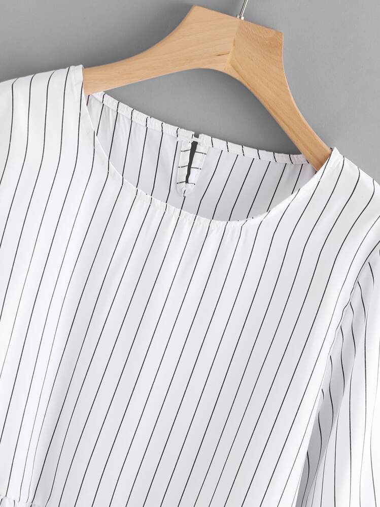 Frill Hem High Low Pinstriped Blouse - Black and White - View 3