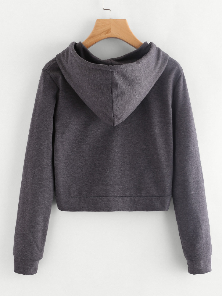 SHEIN Heathered Knit Cropped Zip-Up Hoodie - Dark Grey - View 2