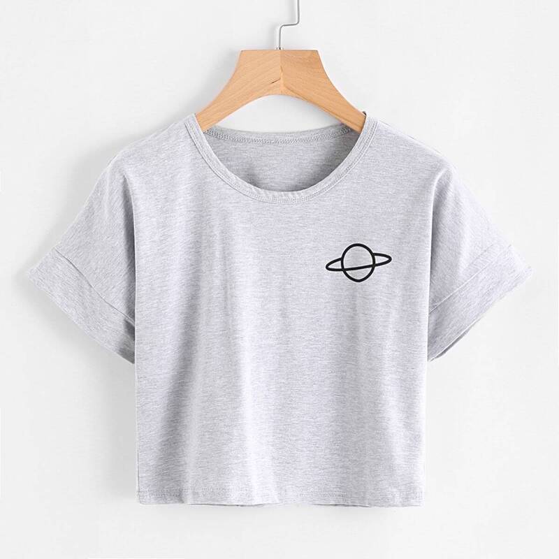 

Planet Print Crop Tee, Grey