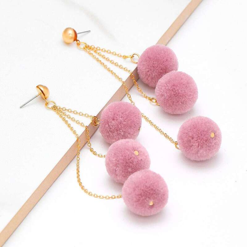 

Pom Pom Chain Drop Earrings, Pink