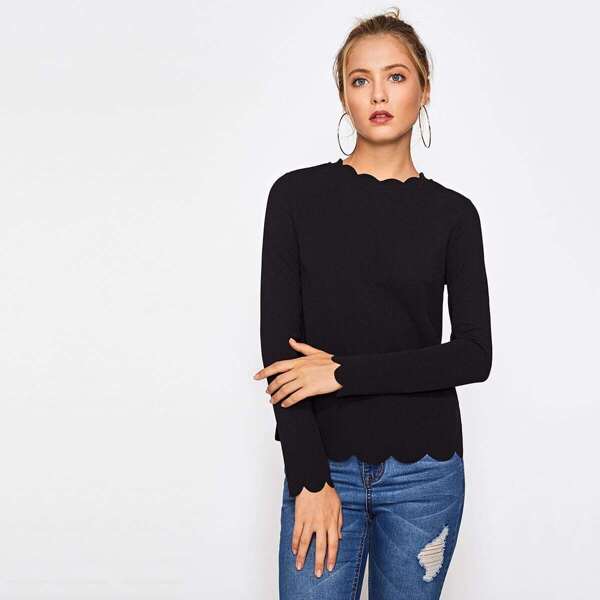

Scallop Trim Fitted Tee, Black