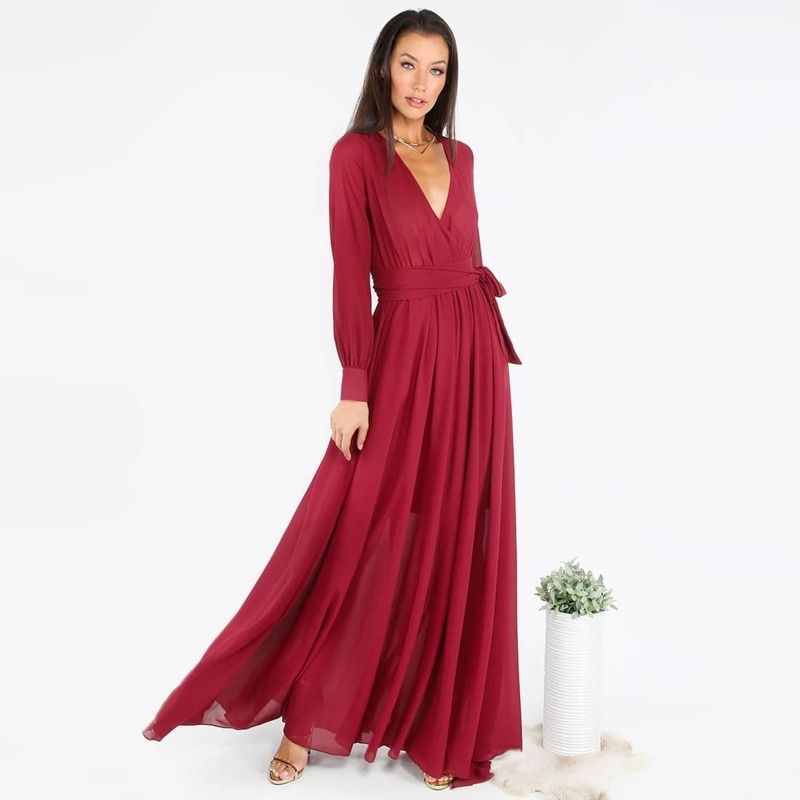

Self Tie Surplice Flowy Maxi Dress, Burgundy bright