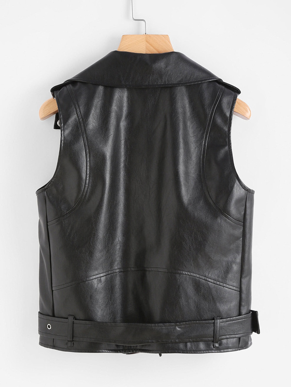 Belted Hem Faux Leather Sleeveless Biker Jacket