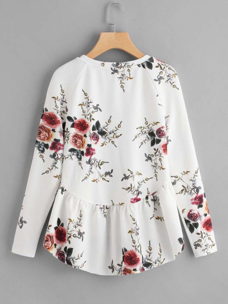 SHEIN Raglan Sleeve Ruffle Dip Hem Floral Blouse - Multicolor - View 2