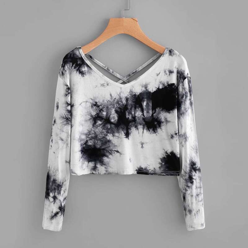 

Water Color Criss Cross Back Tee, Black and white