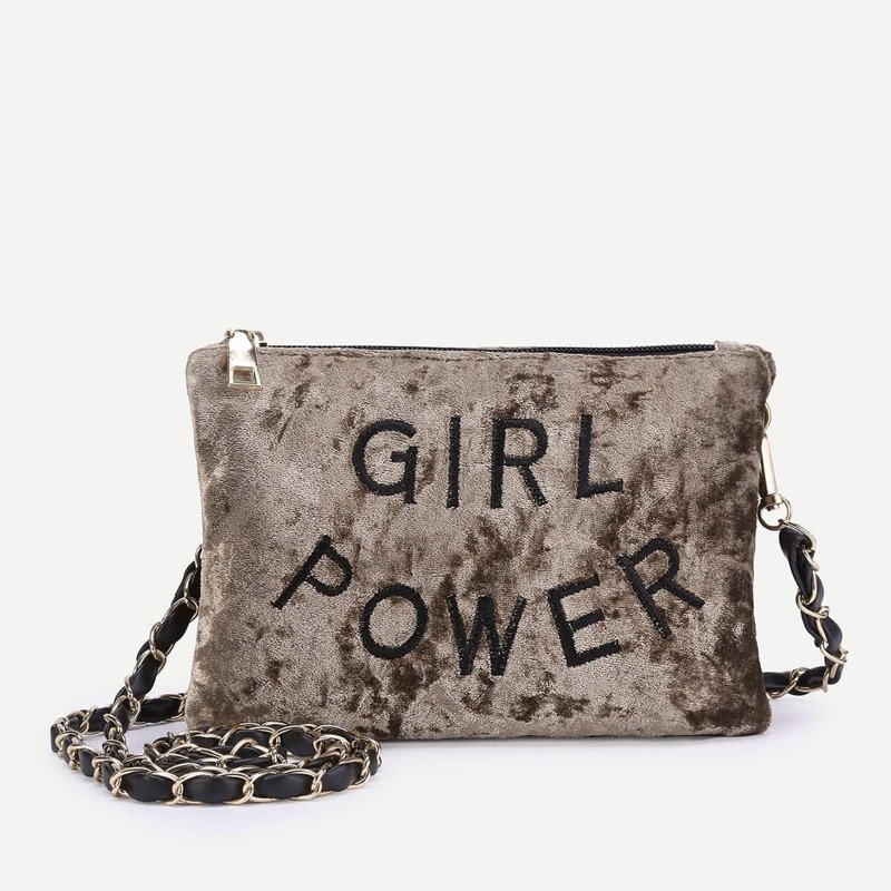 

Letter Embroidered Velvet Crossbody Bag, Grey