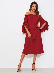 Frill Tulip Sleeve Self Tie Bardot Dress