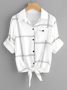 Roll Tab Sleeve Knot Front Grid Shirt