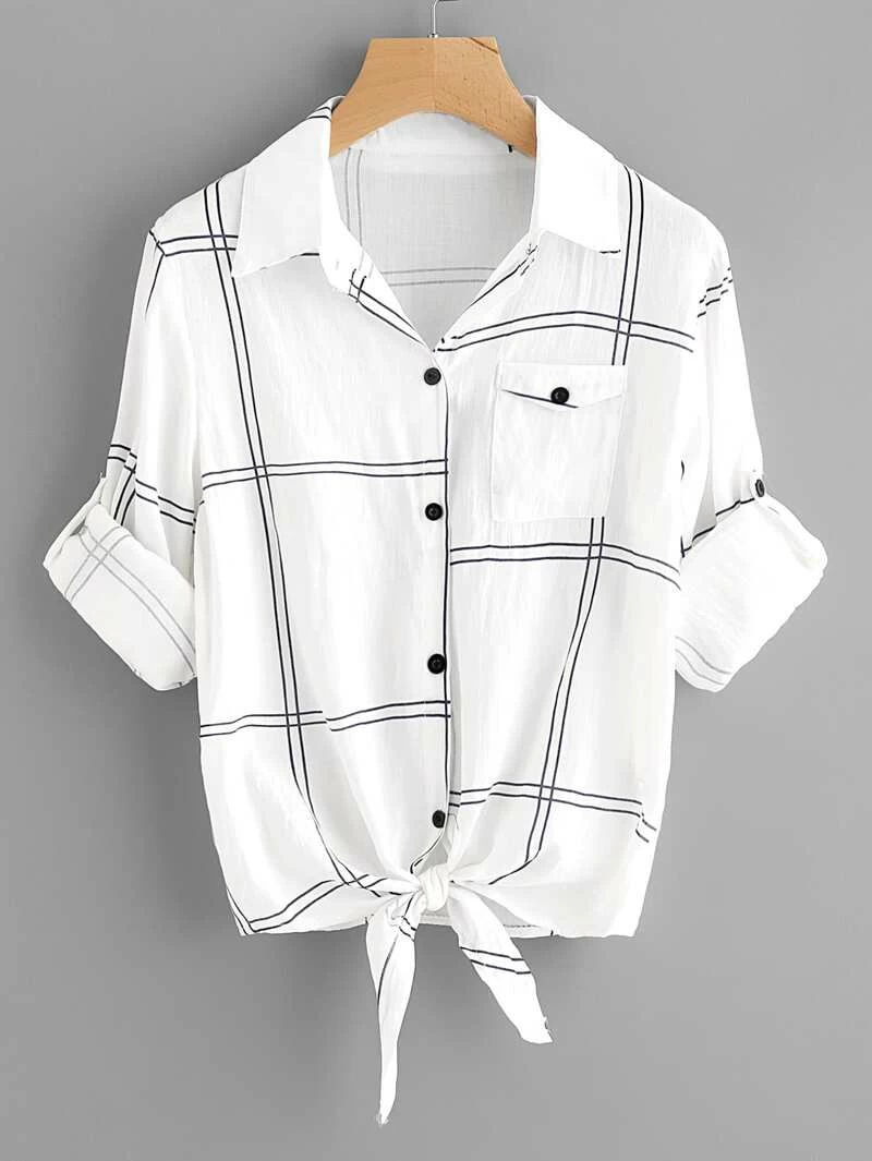 Bluse mit hochgekrempelten Ärmeln Karo Muster und Knöpfen und Knoten vorne Bluse mit hochgekrempelten Ärmeln Karo Muster und Knöpfen und Knoten vorne