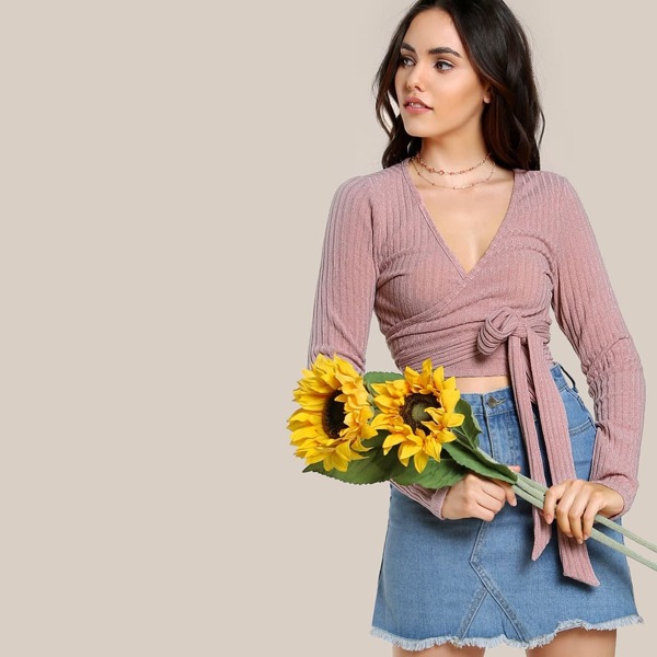 

Tie Front Rib Knit Wrap Crop Top, Pink