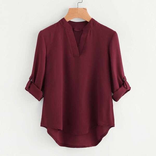 

Roll-Up Sleeve Dip Hem Blouse, Burgundy